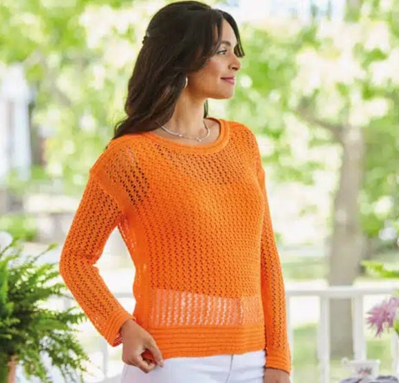 Orange Crew Neck Mesh Sweater by Elena Wang.
