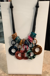 Multi-Colored Ring Necklace on Black Cord