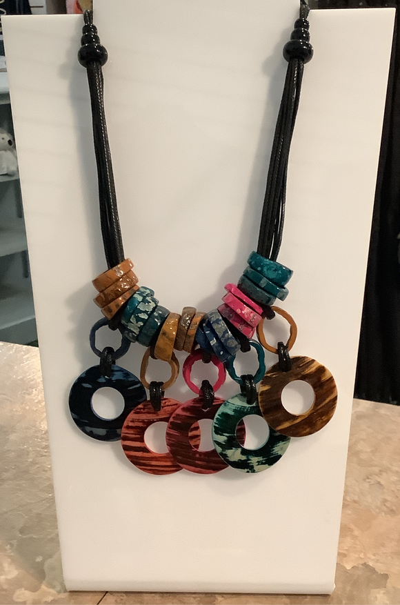 Multi-Colored Ring Necklace on Black Cord