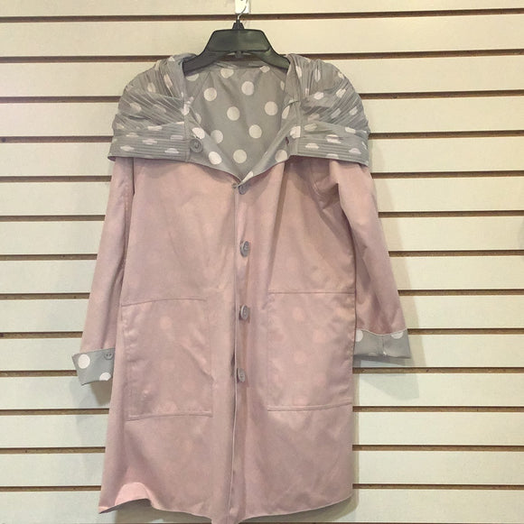 Soft Pink Button Front, Hooded Reversible Water Resistant Coat w/ Grey Polka Dot Trim by UBU. Reverses to Grey/White Polka Dot.