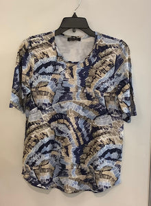 Tan & Shades of Blue Brush Print, Short Sleeve, Drop Neck Tunic Top by Sunday.