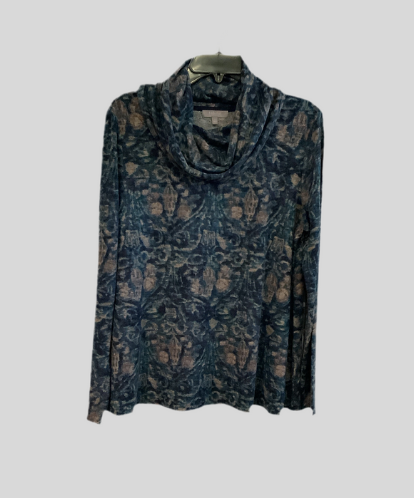 Soft and Cozy Fleece Cowl Neck Top in Abstract Print in shades of Teal, Navy and Gray by Habitat.