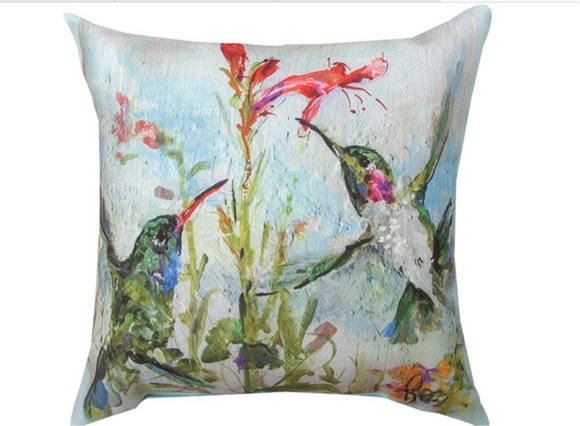 Two Hummingbirds Pillow by Climaweave.  18”x18”