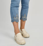 Medium Blue Denim Button Front Ankle Jeans w/and Bling and Scalloped Hem by Orly.