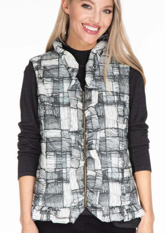 Grey and Cream Ruffled Front and Bottom Puffed Vest with Graphic Design Detail byMultiples.