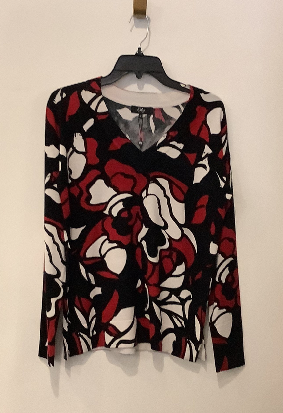 Red/Black/White Graphic Pattern, V-Neck, Long Sleeve Sweater by Orly.