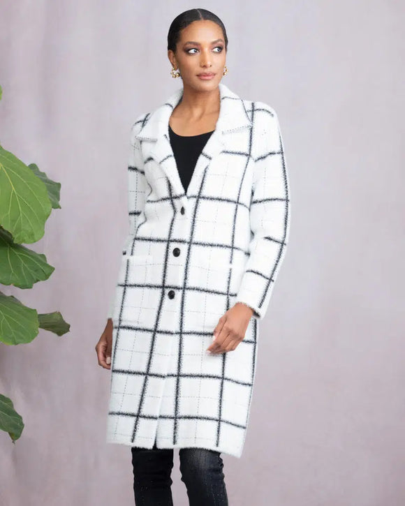 White w/Black Block Check Pattern Button Front, Long Sleeve Coat by Alison Sheri.
