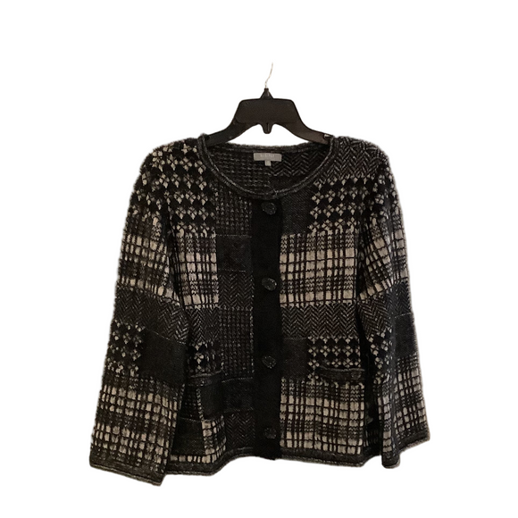 Black/White Plaid Patchwork Pattern,Button Front, Round Neck, Long Sleeve Sweater w/Front Pockets by Habitat.