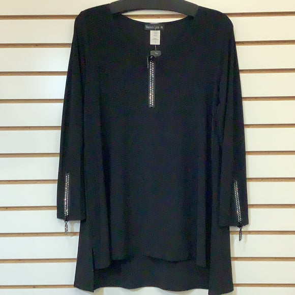 Black V-Neck Silky Tunic with Bling Detailed Zipper at Neck and Cuffs by Reina Lee.