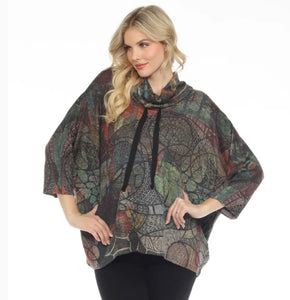 Multicolored Earth Tone Pattern, Cowl Neck 3/4 Raglan Sleeve Top by Inoah.
