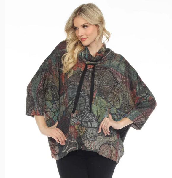 Multicolored Earth Tone Pattern, Cowl Neck 3/4 Raglan Sleeve Top by Inoah.