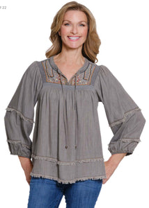 Grey 3/4 Raglan Sleeve Tie Neck Band Collar Shirred Embroidered Top by Multiples.