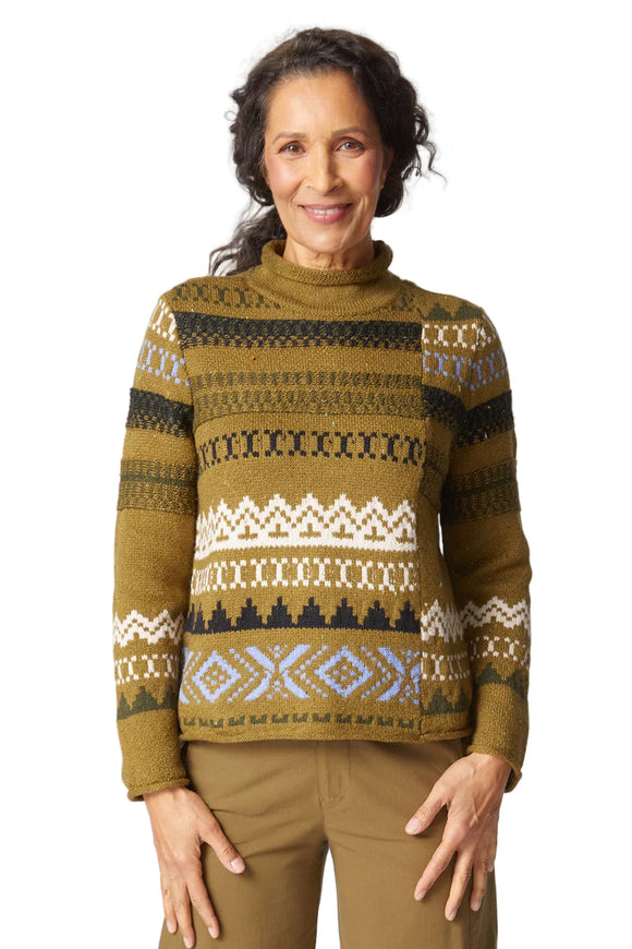 Olive Green Nordic Pattern, Long Sleeve, Rolled Neck Sweater by Habitat.