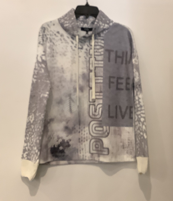 Shades of Grey/Cream Print, Round High Tie Neck, Long Sleeve, Super Soft Top by Orly.