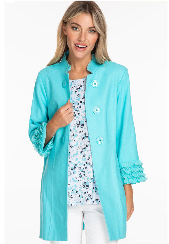 Aqua Double Button, Lined Jacket w/Standup Collar and 3/4 Sleeve w/Ruffles by Multiples.