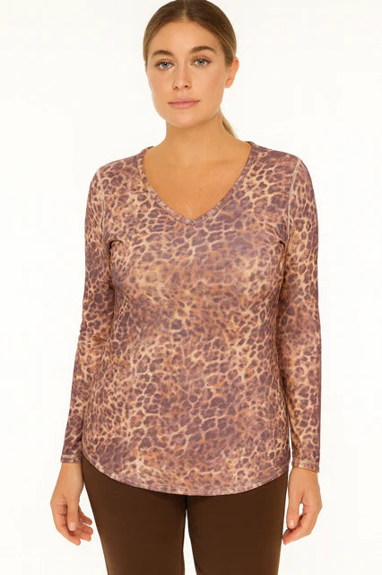 Mauve/Brown Animal Print, Reversible to Blue, Gold, Brown Graphic Print, Long Sleeve V-Neck Top by Orly.