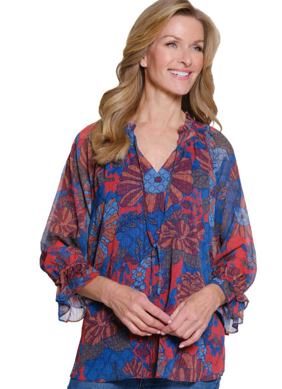 Garnet, Blue and Rust Shirred, Keyhole Neckline Shirt with Raglan, Ruffled Sleeves by Multiples.