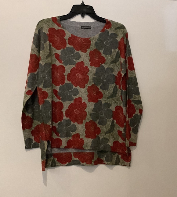 Multi-Colored, Green, Cinnamon Floral Print, Scoop Neck, Long Sleeve Brushed Knit Top w/Hi Lo Hem by Nallie and Millie.