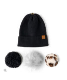 Knit Stocking Cap with 3 Snap on Pom Poms, Choice of Black or Wine.