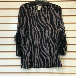 Black and White Zebra Stripe Long Sleeve Blouse with Unique Ruffle on Lower Sleeve by Multiples.