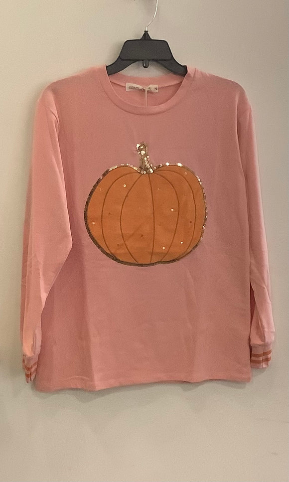 Pink Long Sleeve Appliquéd Pumpkin T-Shirt by Grace & Emma