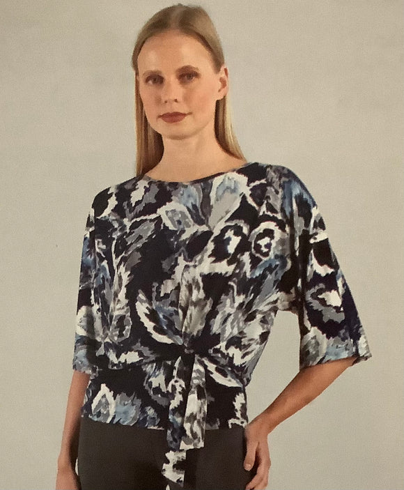 Navy, Grey Abstract Floral Print Soft Knit, Scoop Neck 3/4 Sleeve, Side Tie Top w/Silver Foil Detail by Clara Sun Woo.