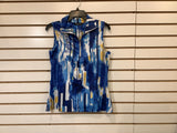 Royal Blue/Gold Zipper V-Neck, Sleeveless Top by Tango Mango.