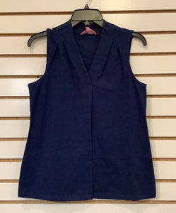 Navy V-Neck, Sleeveless Top by Claire Desjardins.