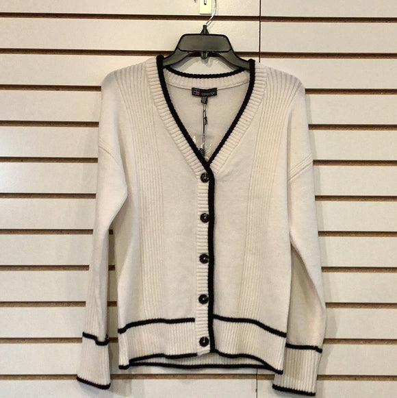 White V-Neck Button Front Cardigan with Black Trim  by Carrie Noir.