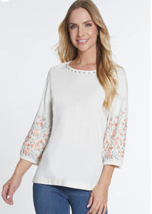 Ivory Round Neck Top w/ 3/4 Sleeve Floral Trim Detail by Multiples.