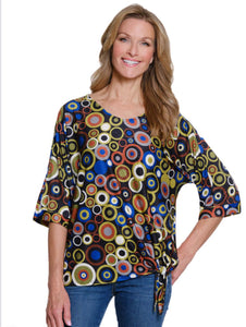 Black/Green/Gold Circles, V-Neck, Elbow Sleeve Top w/ Side Tie by Multiples.