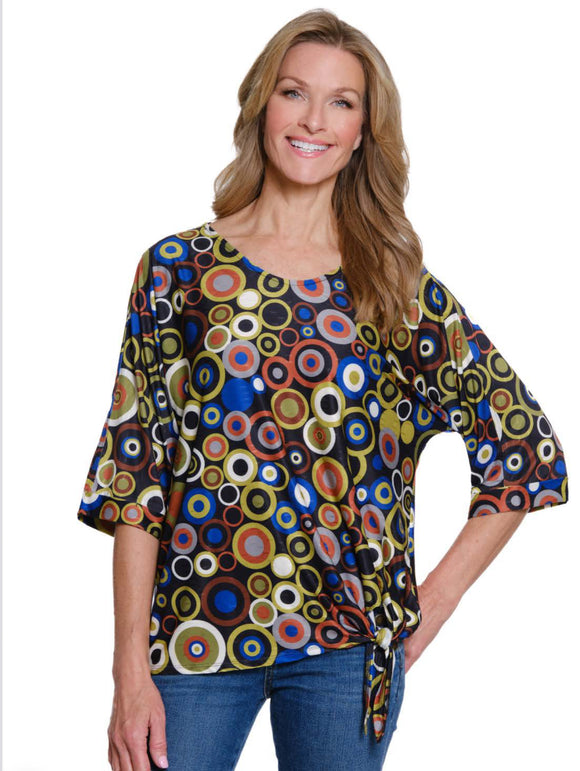 Black/Green/Gold Circles, V-Neck, Elbow Sleeve Top w/ Side Tie by Multiples.