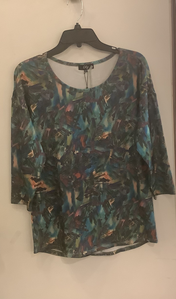 Shades of Green Graphic Print, 3/4 Sleeve, Scoop Neck Top by Orly.