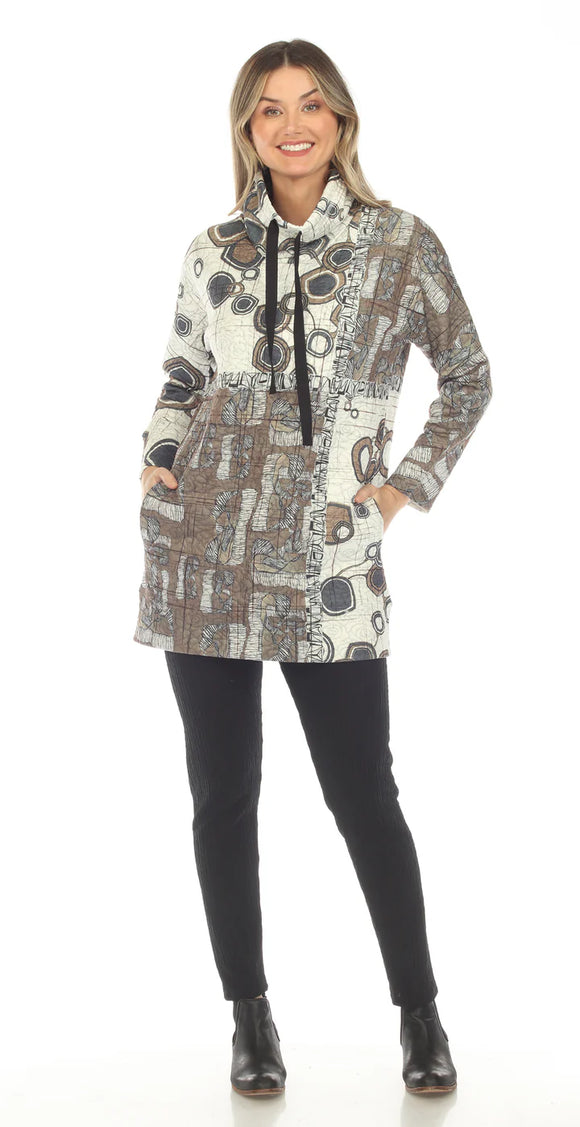 Black/Cream/Grey Cowl Neck, Dolman Sleeve Textured, Graphic Print Tunic Top w/Pockets by Inoah.