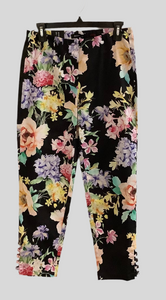 Black Spring Floral Print Pull-On, Straight Fit Ankle Pant with Cutout Hem by Robell.
