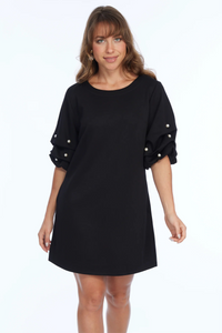 Navy Flared Round Neck Dress w/Elbow Length Ruched Sleeve Accent with Pearls by Lior.