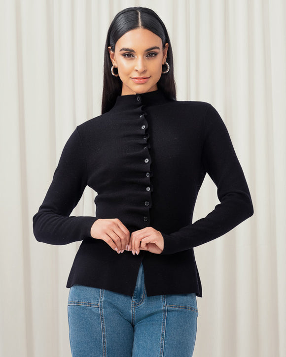Black Ruffled Round Neck and Ruffled Button Front Long Sleeve Cardigan by Elena Wang.