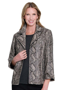 Grey/White Faux Snake Print, 3/4 Rollup Sleeve, Zippered Pockets, Lapel Collar w/Faux Zipper Front by Multiples.