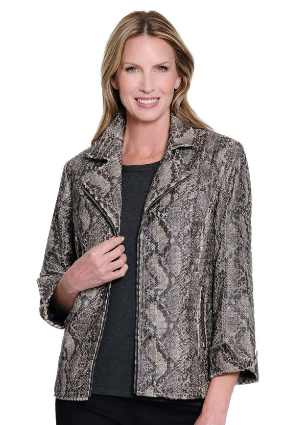 Grey/White Faux Snake Print, 3/4 Rollup Sleeve, Zippered Pockets, Lapel Collar w/Faux Zipper Front by Multiples.