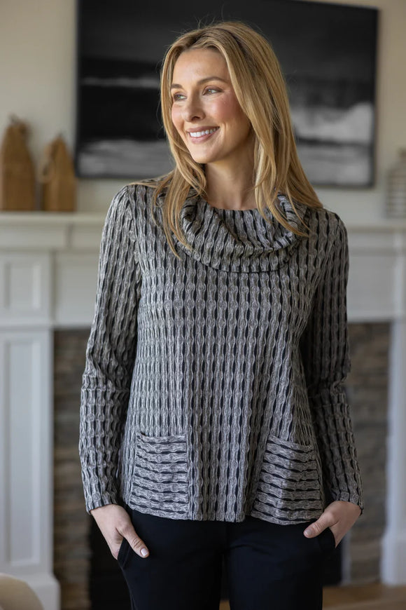 Black/Grey Verticle Ribbon Pattern, Cowl Neck, Long Sleeve, Textured 4-Way Stretch Top w/Front Pockets by Habitat.