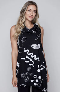 Black/White, Sleeveless Cowl Neck, Asymmetrical Hem Tunic w/White Graphic Design by Compli K.