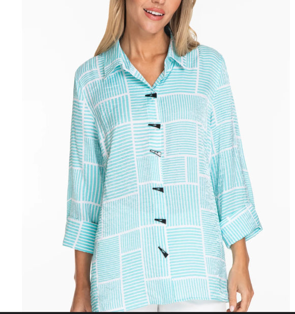 Aqua/Grey/White Print w/ 3/4 Sleeve Blouse and Contrasting Black Decorative Buttons on Front and Back by Multiples.