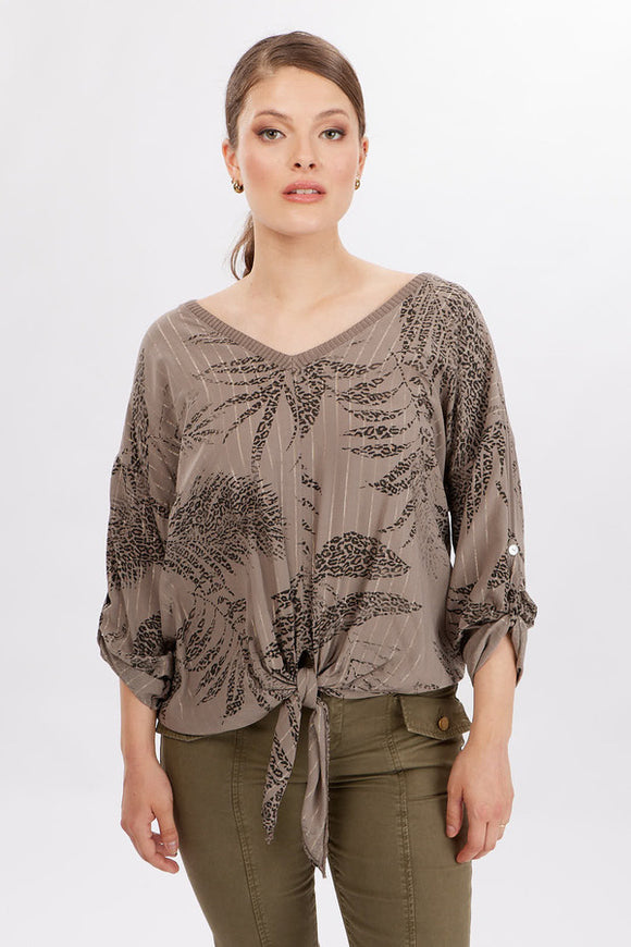 Mocha V-Neck Top with Silver Metallic Threads  by Orly.