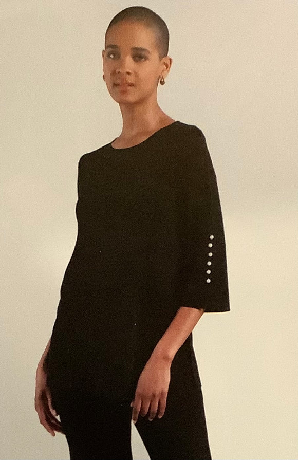 Black Round Neck Tunic with 3/4 Sleeve and Pearl Accents on Sleeve by Clara Sun Woo.