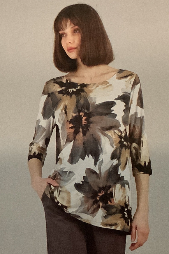 Cream, Rose, Tan  Floral Print Soft Knit, Scoop Neck Long Sleeve Tunic Top by Clara Sun Woo.