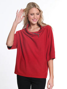 Red Elbow Dolman Sleeve, Zip Cowl Neck Top w/High- Low Hem by Multiples.