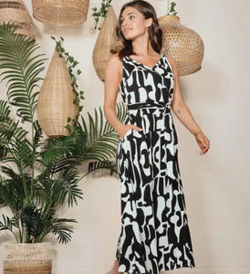 Black/Cream Sleeveless, V-Neck Lined Maxi Dress by Alison Sheri.