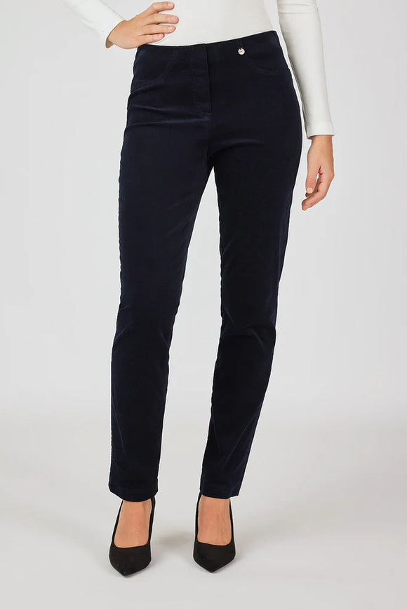 Navy Bella Soft Stretchable Fine Wale Corduroy, Straight Leg, Pull-On Pants w/ Rear Pockets by Robell.