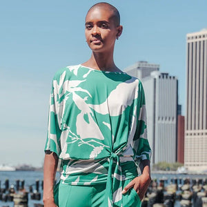 Emerald Green/Ivory Floral Print, Round Neck, Short Sleeve Top w/ Side Tie by Clara Sun Woo.