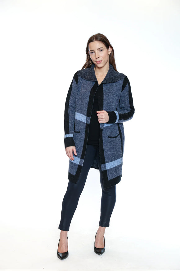 Knitted, Long, Plaid Cardigan in Shades of Blue and Navy with Front Pockets by Papa